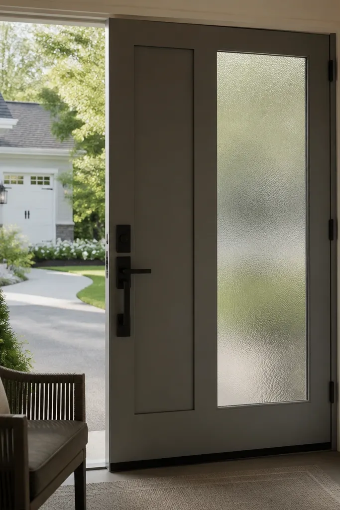 Matte gray door with glass panel on one side and subtle privacy etch