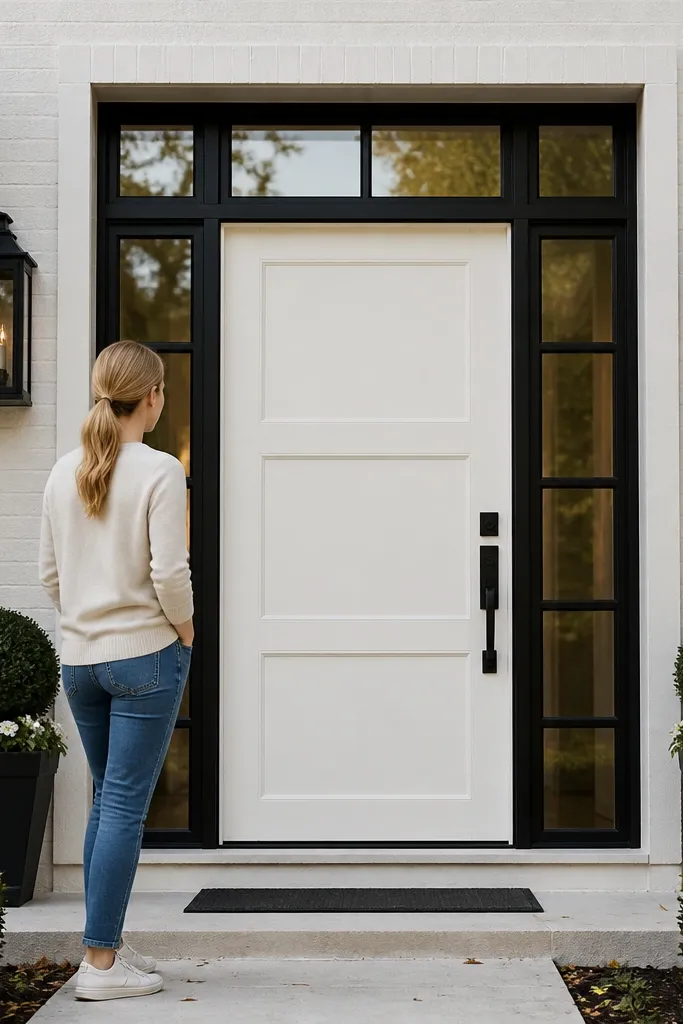 White door with slim sidelights and a black bar above the door