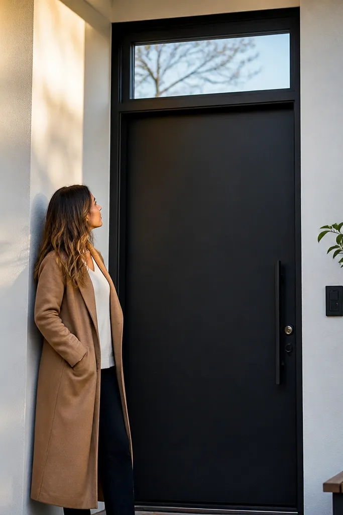 Black door with a glass lite panel above and a clean frame