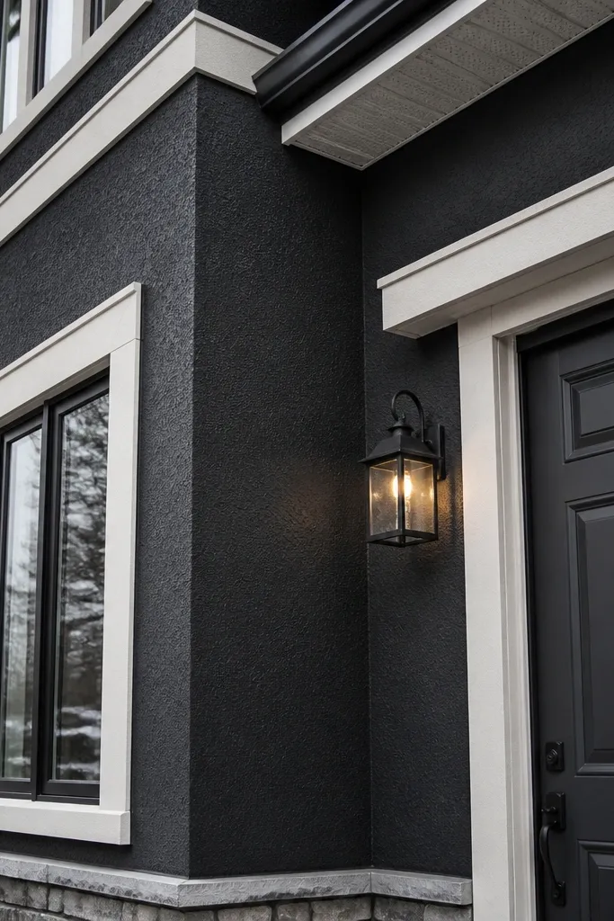 Dark charcoal wall with warm white window trim and a black front door