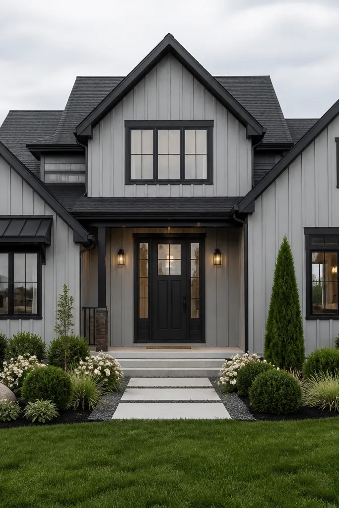 Light cool gray facade with black window frames and a dark modern door