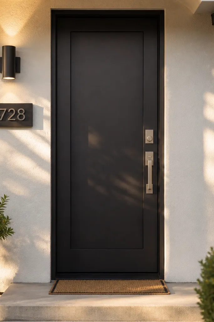 Soft white stucco with a charcoal front door and dark house numbers