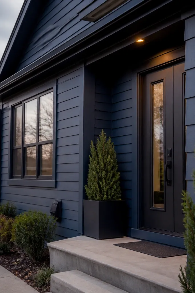 Deep navy siding with matte black railing and a matte black mailbox