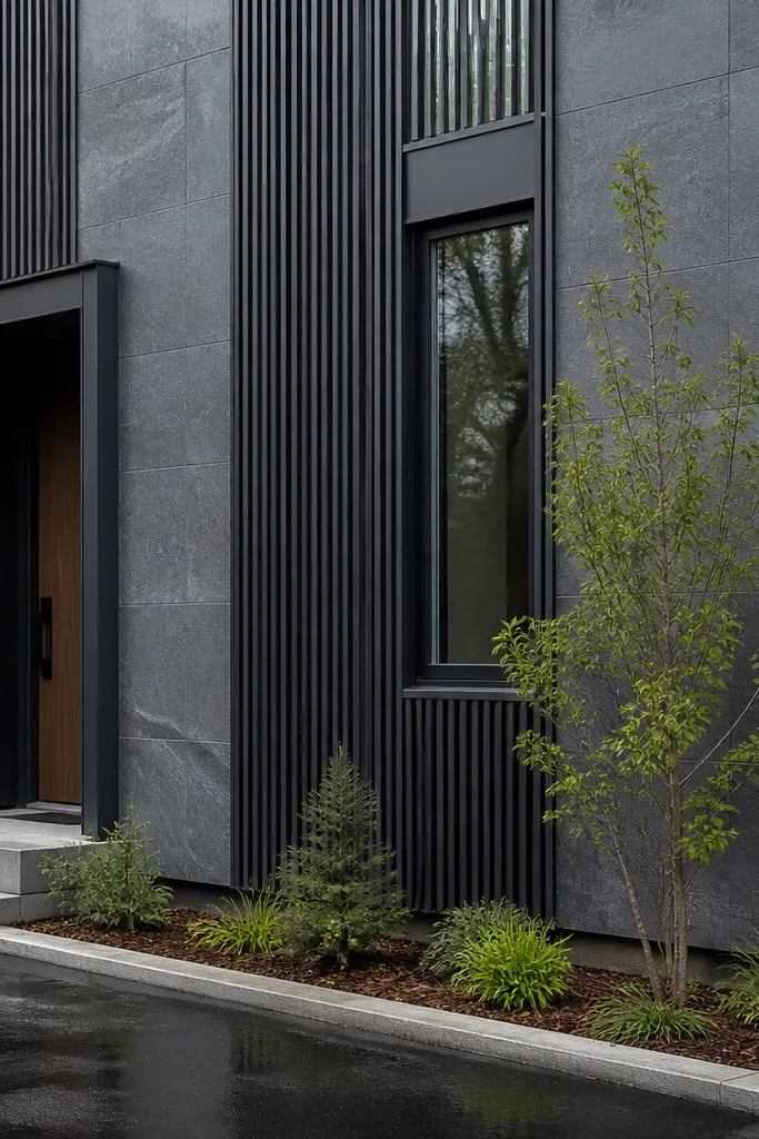 Basalt gray wall with charcoal vertical wood or metal slats and a dark door