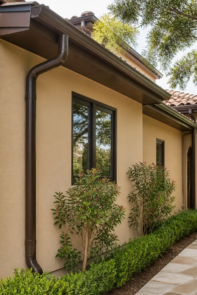 Warm sandstone stucco with dark bronze gutters and window trim