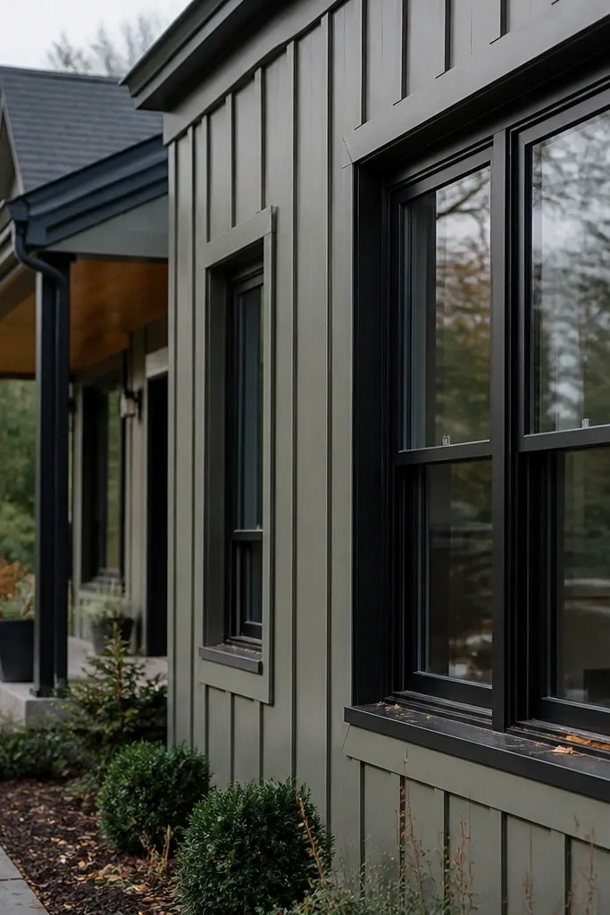 Olive gray siding with black window frames and a dark entry door
