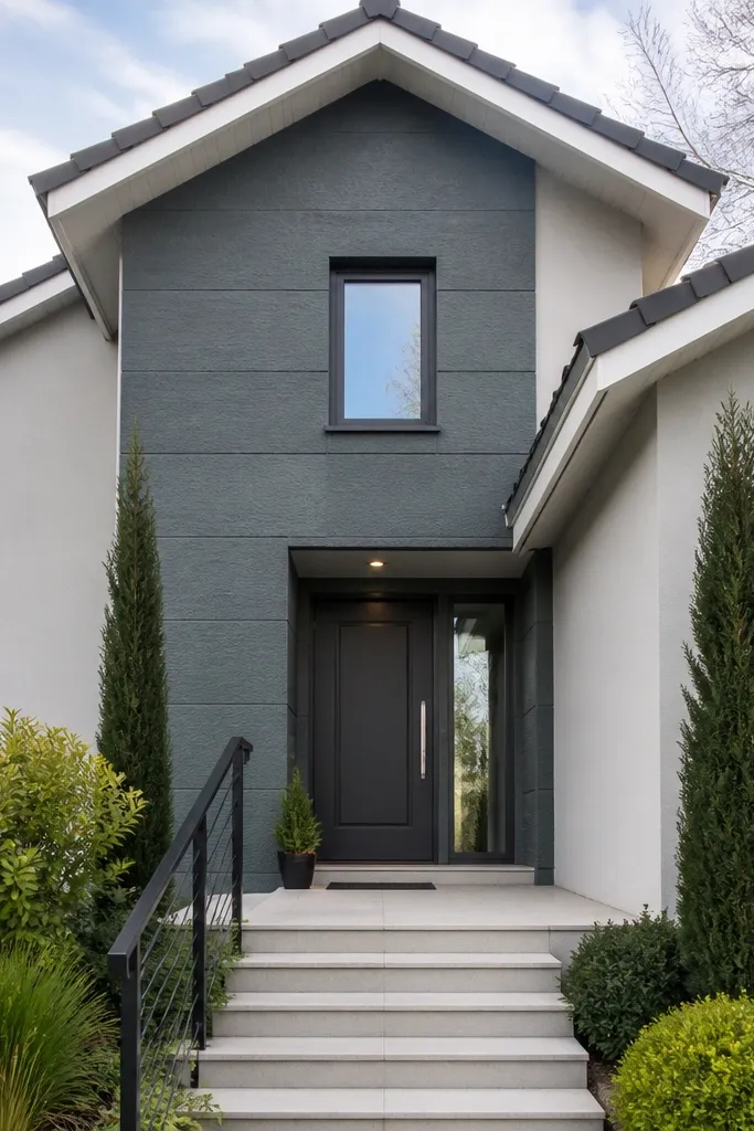 Light gray facade with teal-gray accent panels around the entry