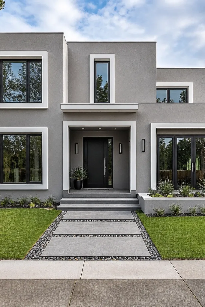 Cement gray facade with bright white geometric window trim