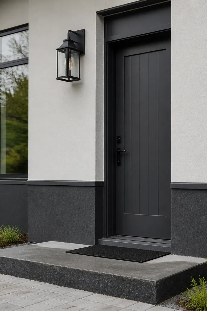 Dark charcoal lower facade with light upper siding and a dark door