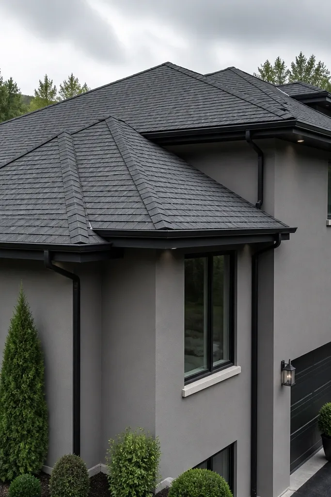 Stone gray stucco with black gutters, dark window trim, and a black front door