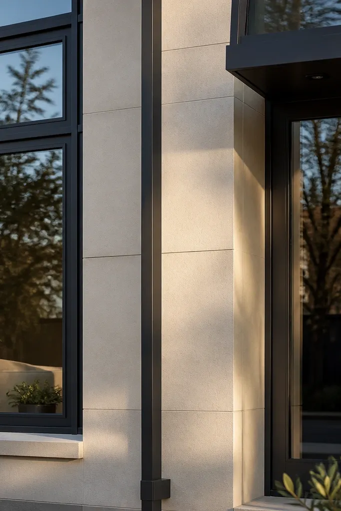 Light sand facade with charcoal window mullions and a dark entry door