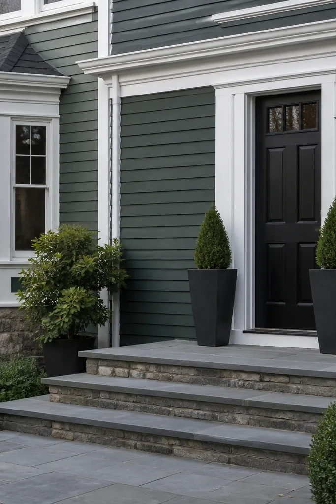 Slate green facade with white trim and a black front door