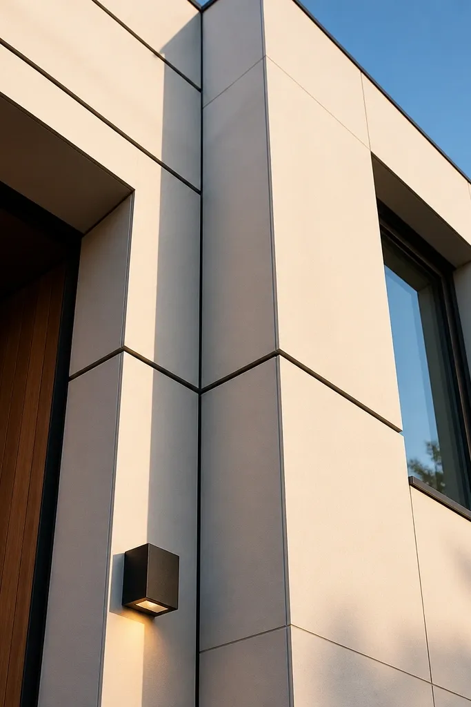 Warm white facade with thin charcoal lines around panels and openings
