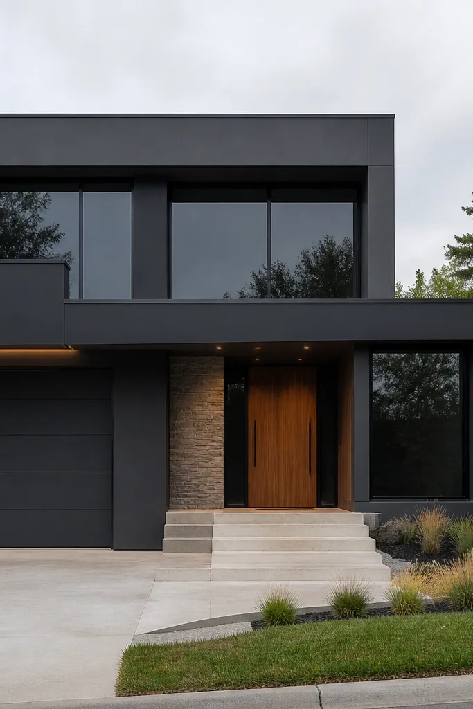 Gray-black facade with dark window glass and a minimal modern entry