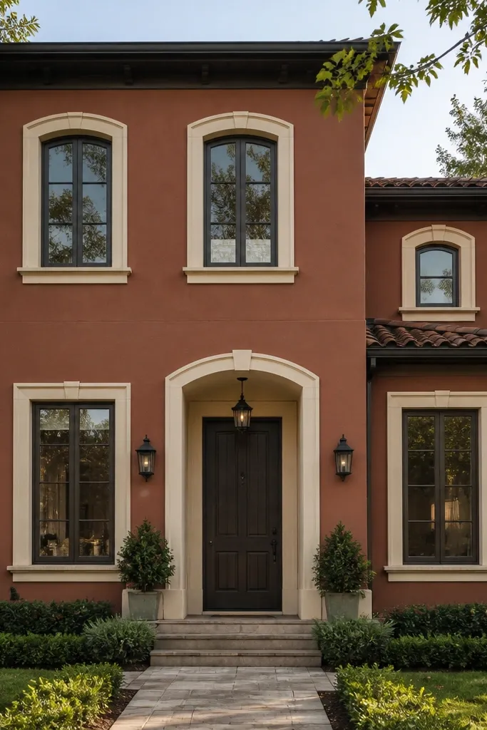 Terracotta-brown facade with cream trim around windows and a dark door