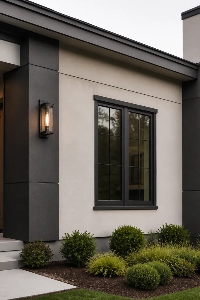 Sandstone facade with charcoal vertical corner bands and a charcoal door