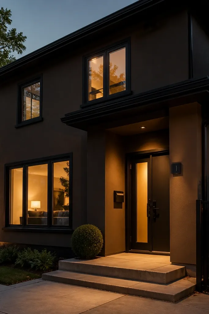 Midnight bronze-brown facade with black trim and a black door
