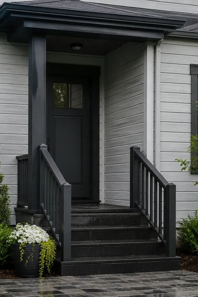 Whitewashed gray siding with dark gray rails and a dark entry door