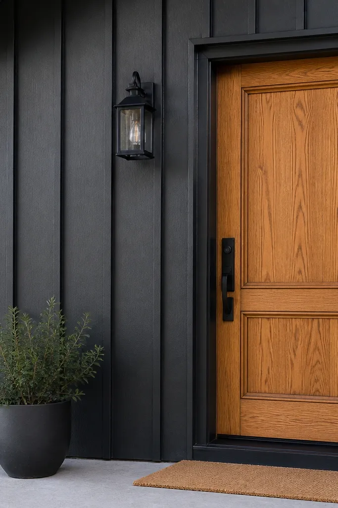 Charcoal board-and-batten facade with a warm oak front door