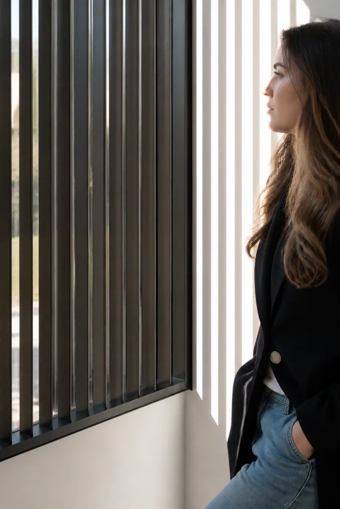 Matte black vertical metal fins on a thin frame around a window