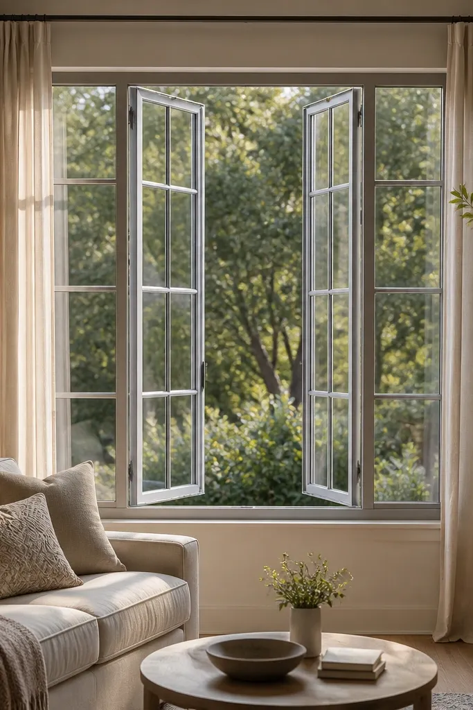 Light brushed aluminum grid with square openings around a living room window