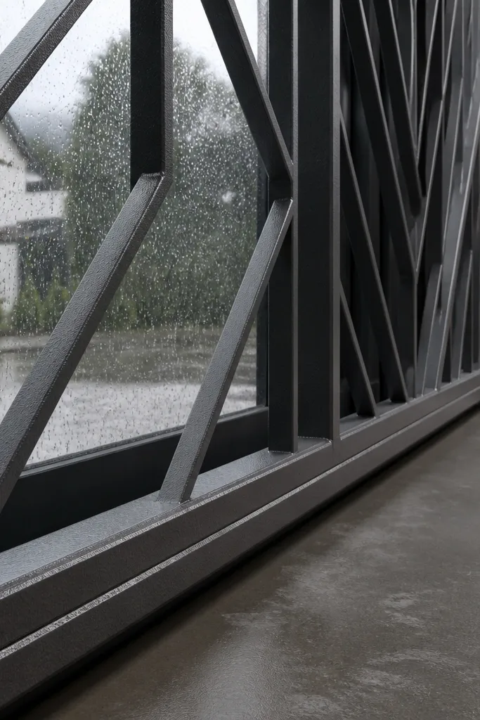 Dark steel window grill with diagonal bar pattern and clean border frame