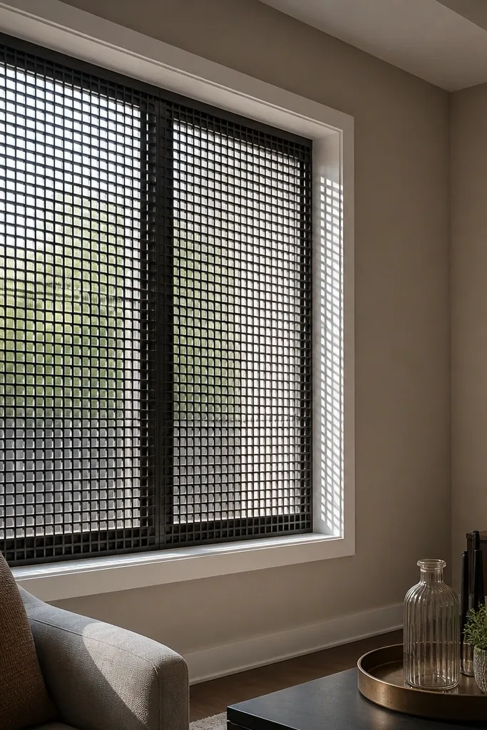 Slim black square tube grid with small square openings on a window