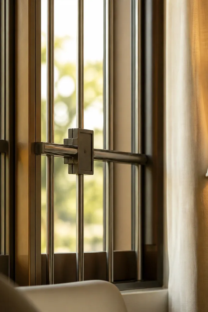 Bronze-toned frame with light steel bars across a window