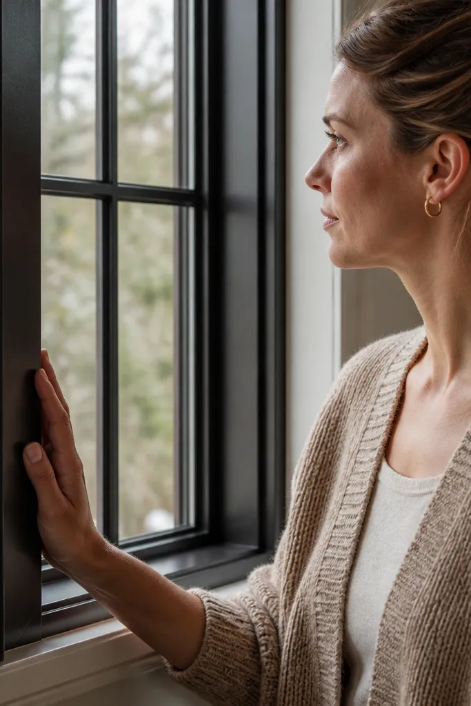 Black floating window grill with inset grid inside a thin frame
