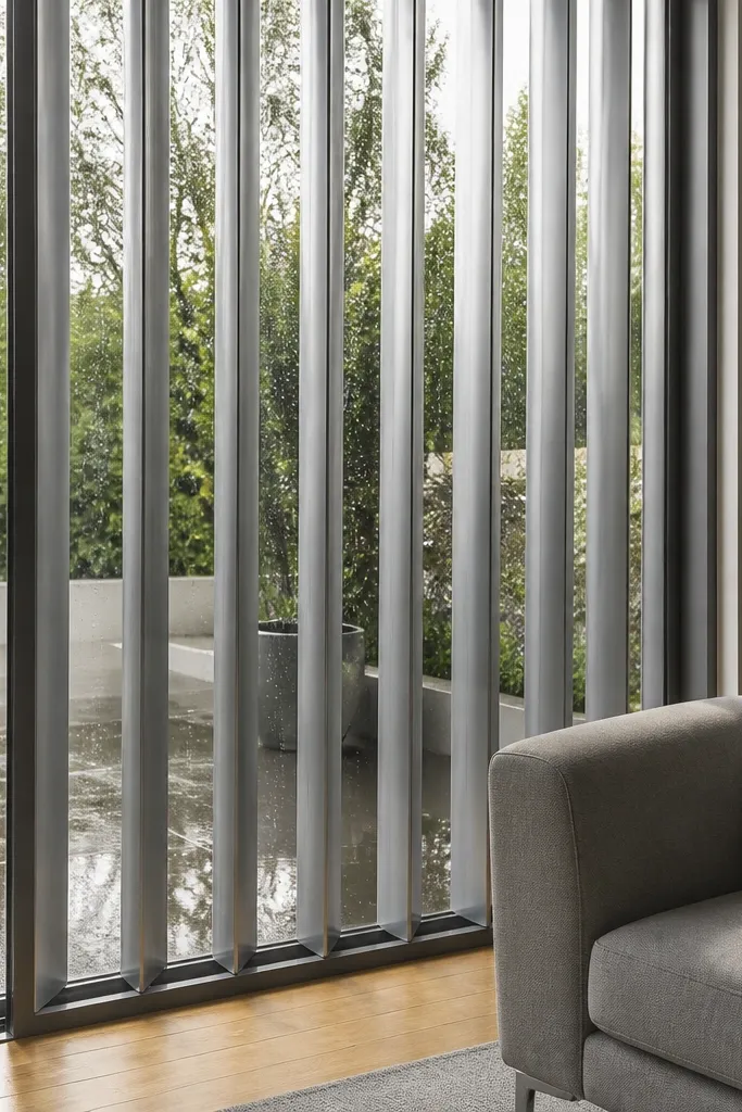 Light aluminum louver-style slats over a window with clean edges