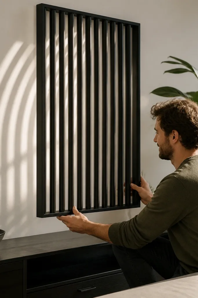 Matte black round bars spaced evenly in a thin window frame