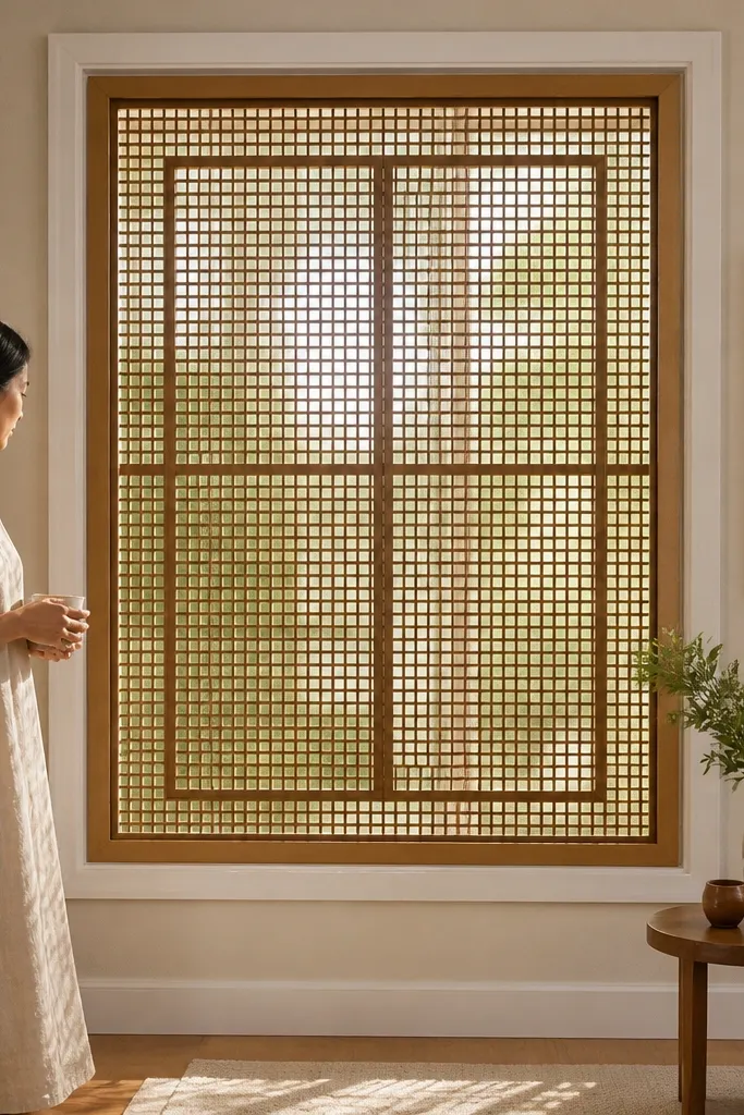 Bronze window grill with small square openings and a thicker outer border
