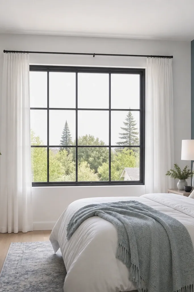 Matte white grid bars with thin charcoal border on a window