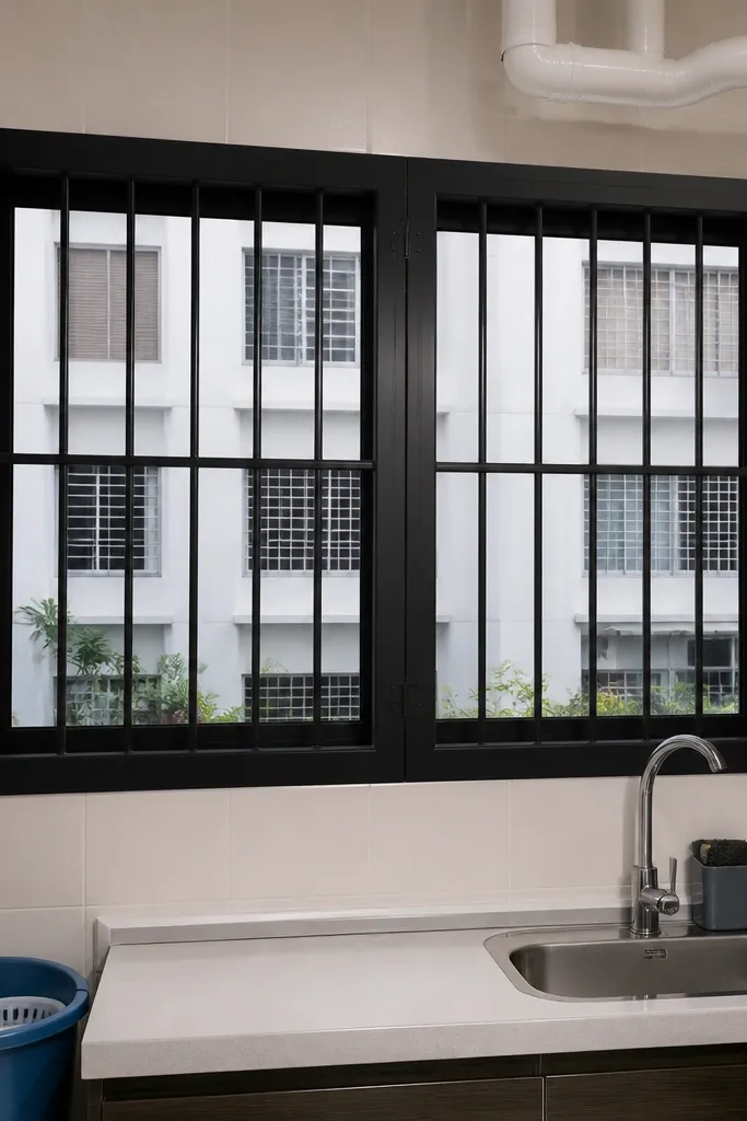 Split window grill in two panels with vertical bars and thin frames