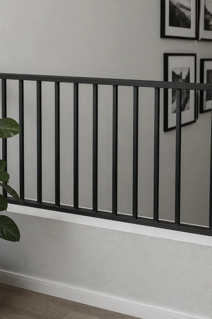 Matte black minimal window grill with thin rails and evenly spaced vertical bars