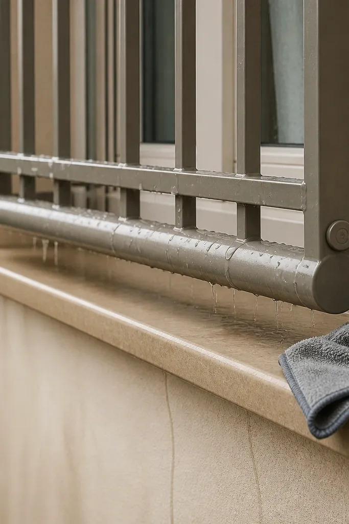 Sand gray window grill with smooth rounded bottom drip rail