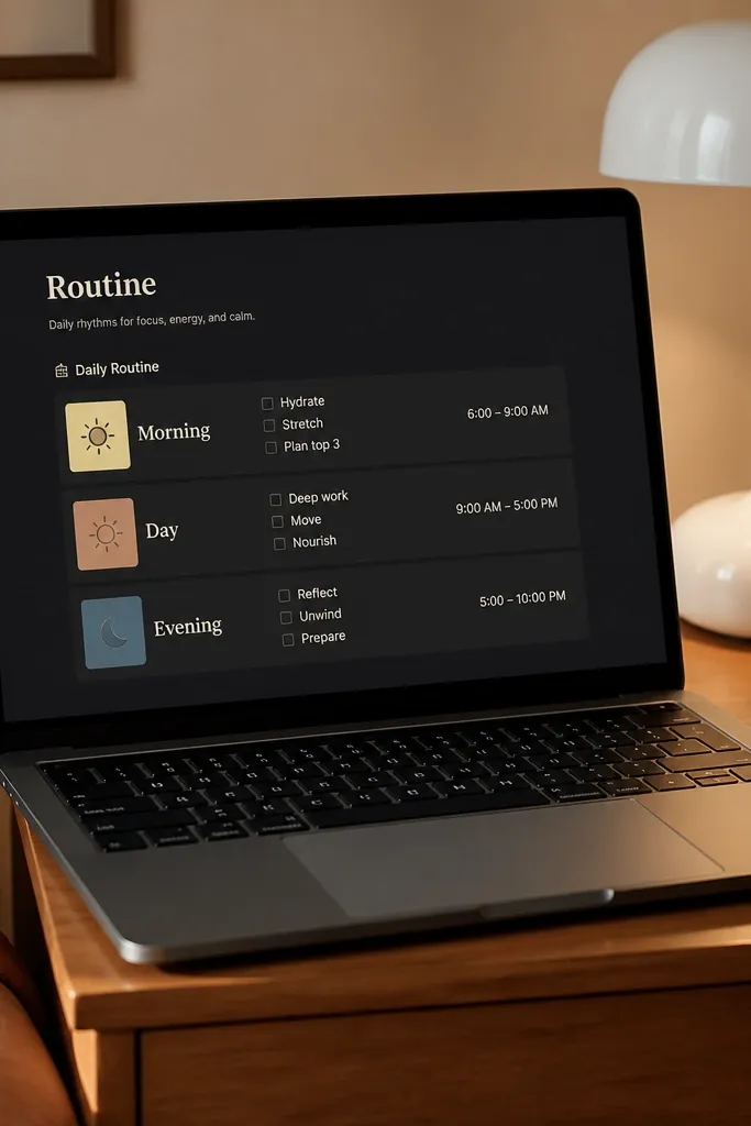 Stacked routine cards with checkbox lists and small time labels