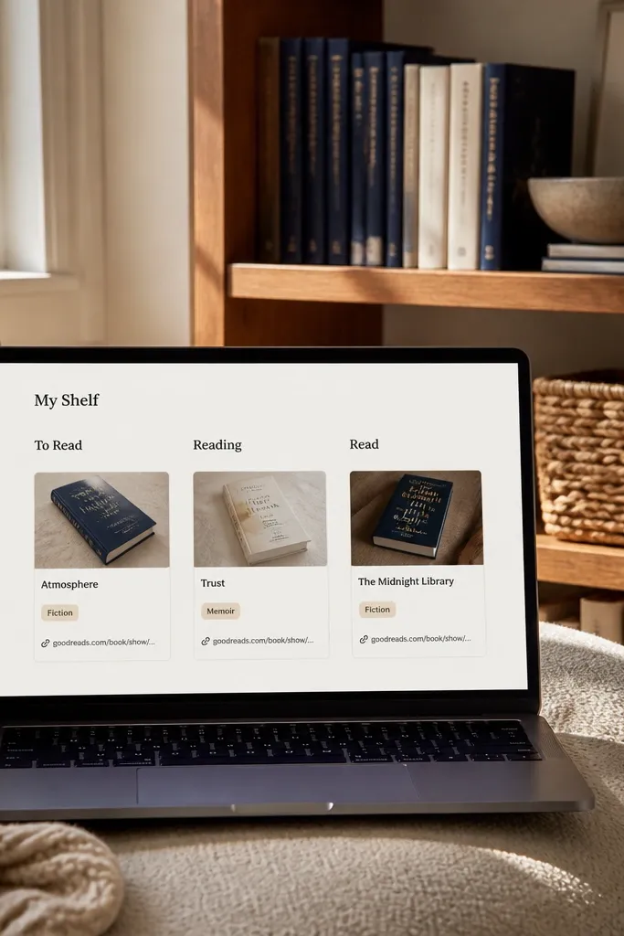 Three-column shelf of book, idea, and link cards with clean titles