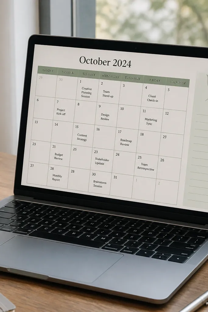 Calendar grid with small event titles and a clean right-side notes box