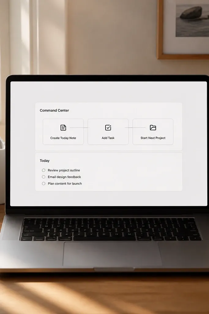 Centered callout with three buttons and a small tasks view beneath