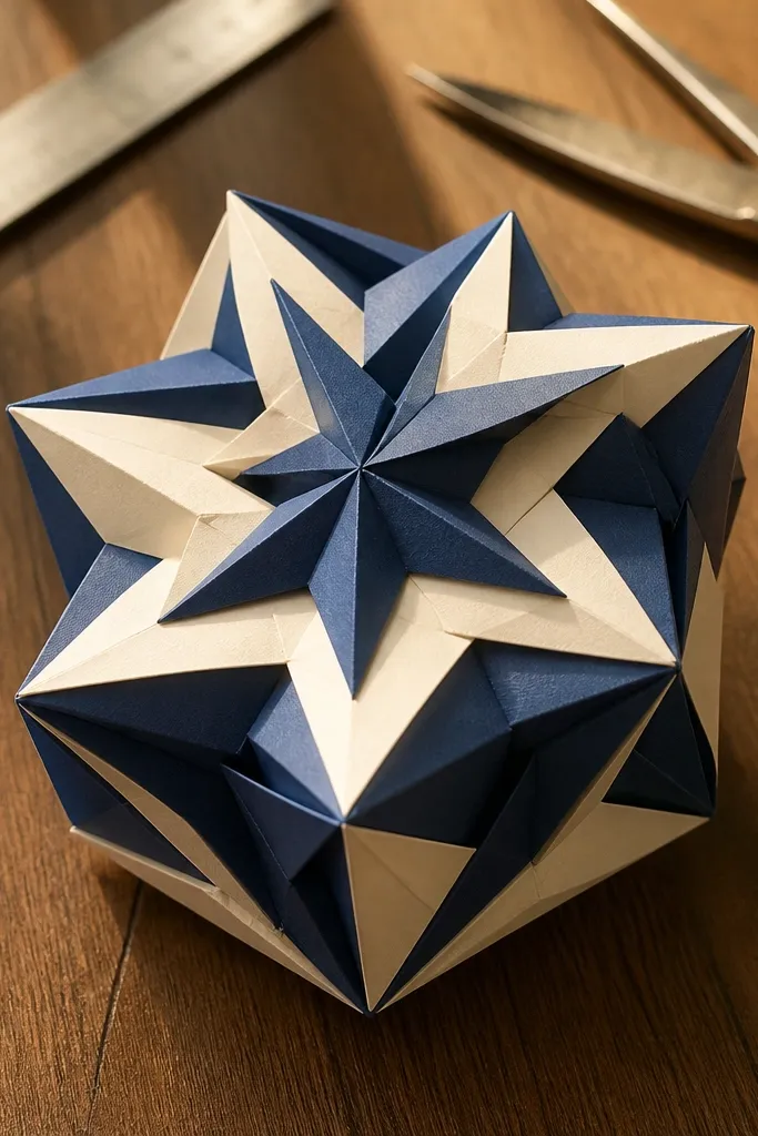 Two-tone star-shaped cube with layered points and clean folded edges.