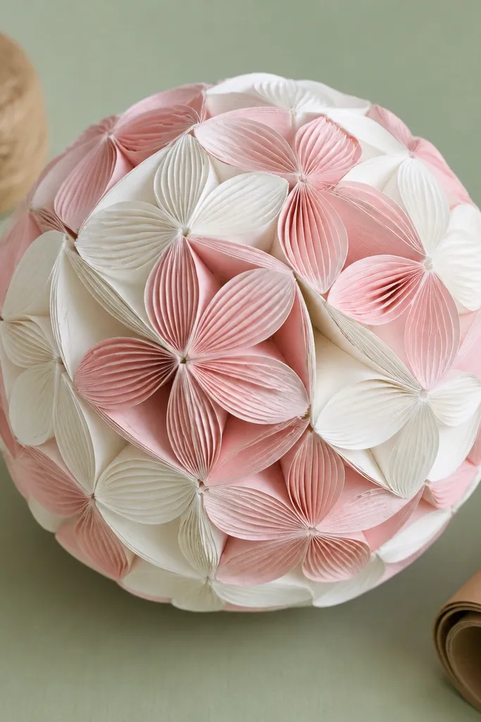 White paper bloom ball with folded petal layers forming a round 3D flower.