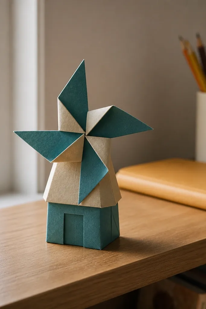 Small standing box with four folded blades that look like a windmill.