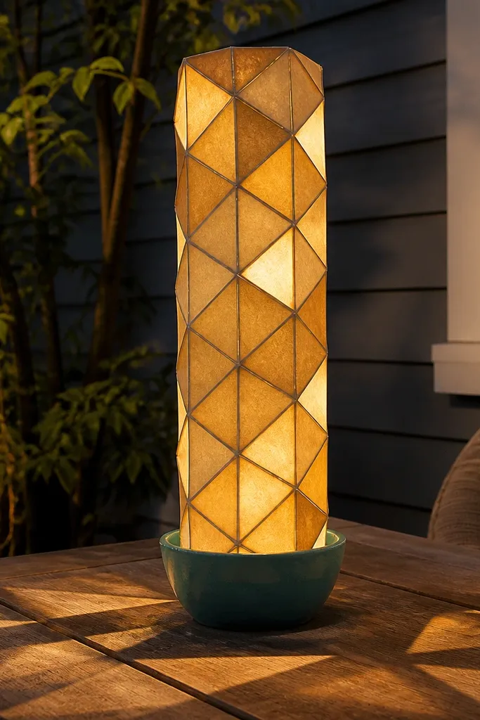 Hanging triangular lantern made of folded paper facets with sharp edges.