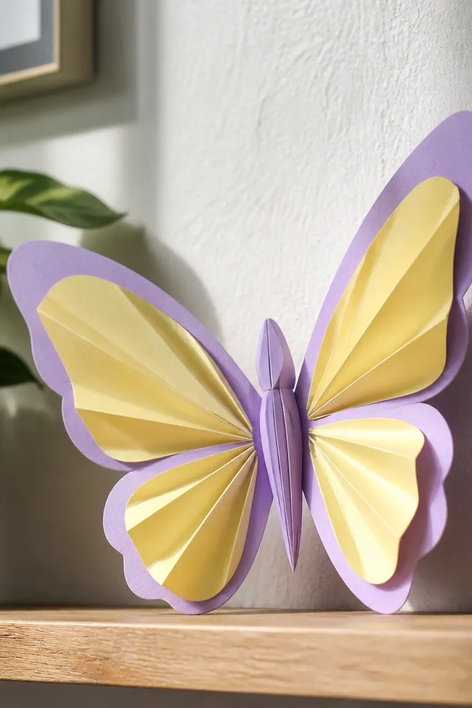 Butterfly with raised wings and folded body, standing 3D lift.