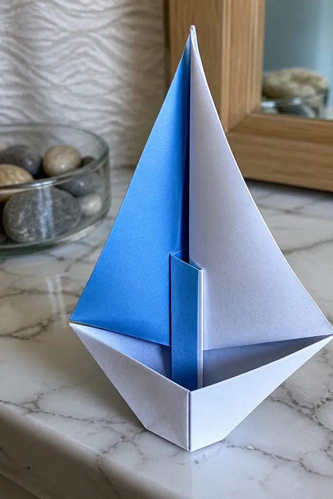 Small 3D sailboat with folded sail layers and a standing mast pocket.