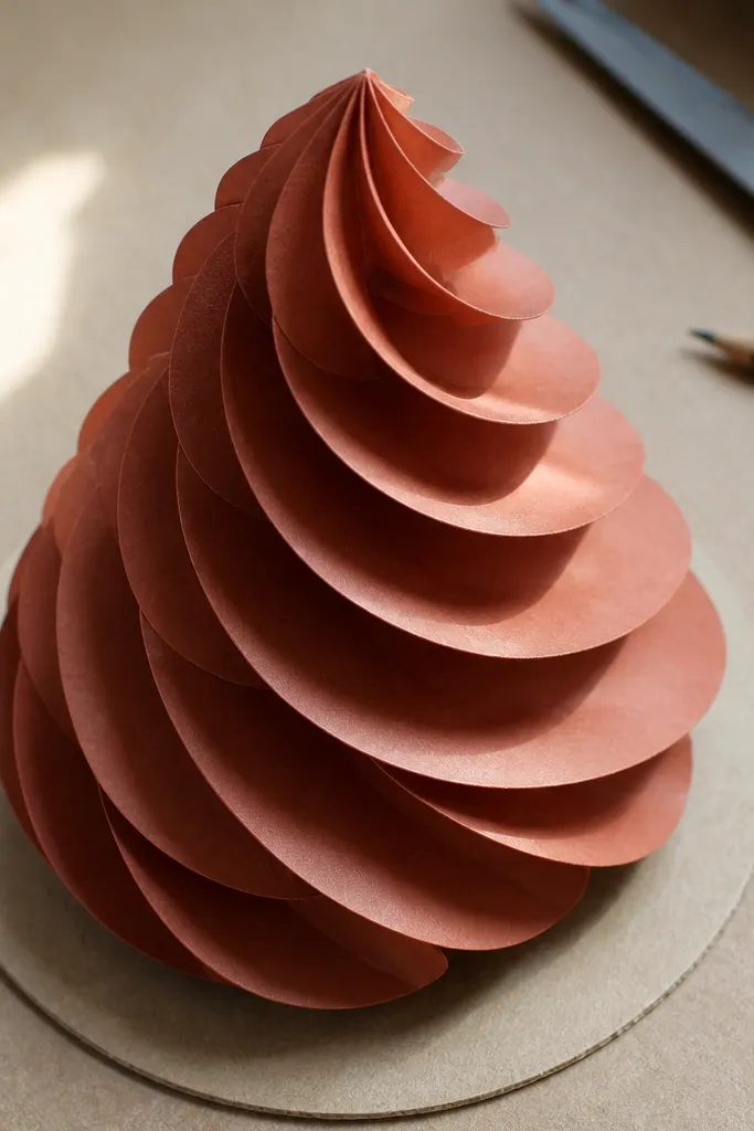 Paper cone flower with stacked ridged petals forming a circular 3D top.