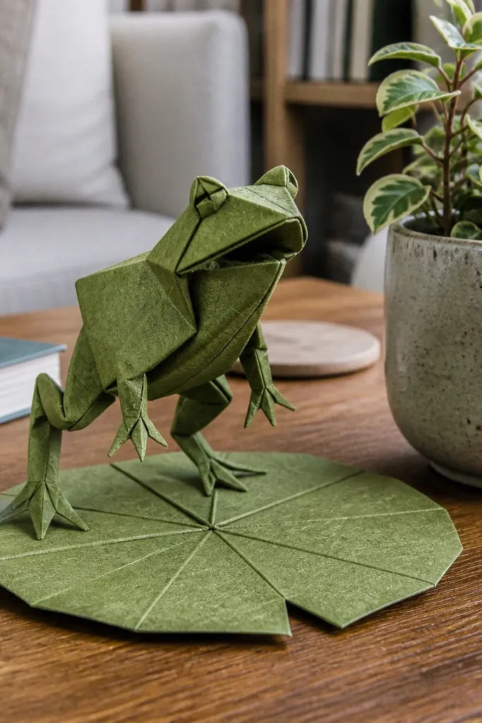Small 3D frog sitting on a folded lily pad with a standing posture.