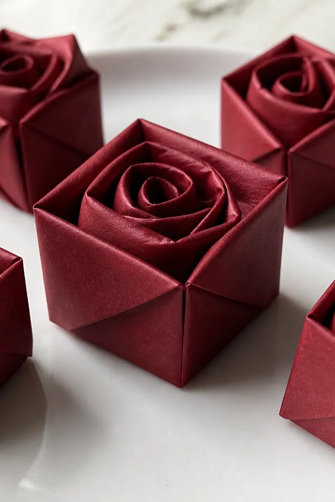 Tight rosebud made from layered paper folds forming a cube-like spiral.