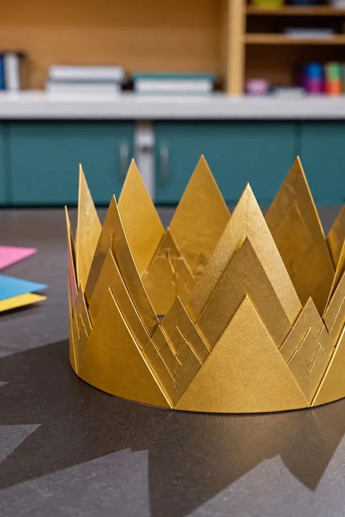 Small paper crown with stacked folded peaks and a clean band.